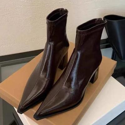 Botas de Salto Alto Femininas Bico Fino Moda 2025 Designer Sapatos Elegantes Moda Inverno Novas Tendências Botas Curtas Saltos para Festa Vestido
