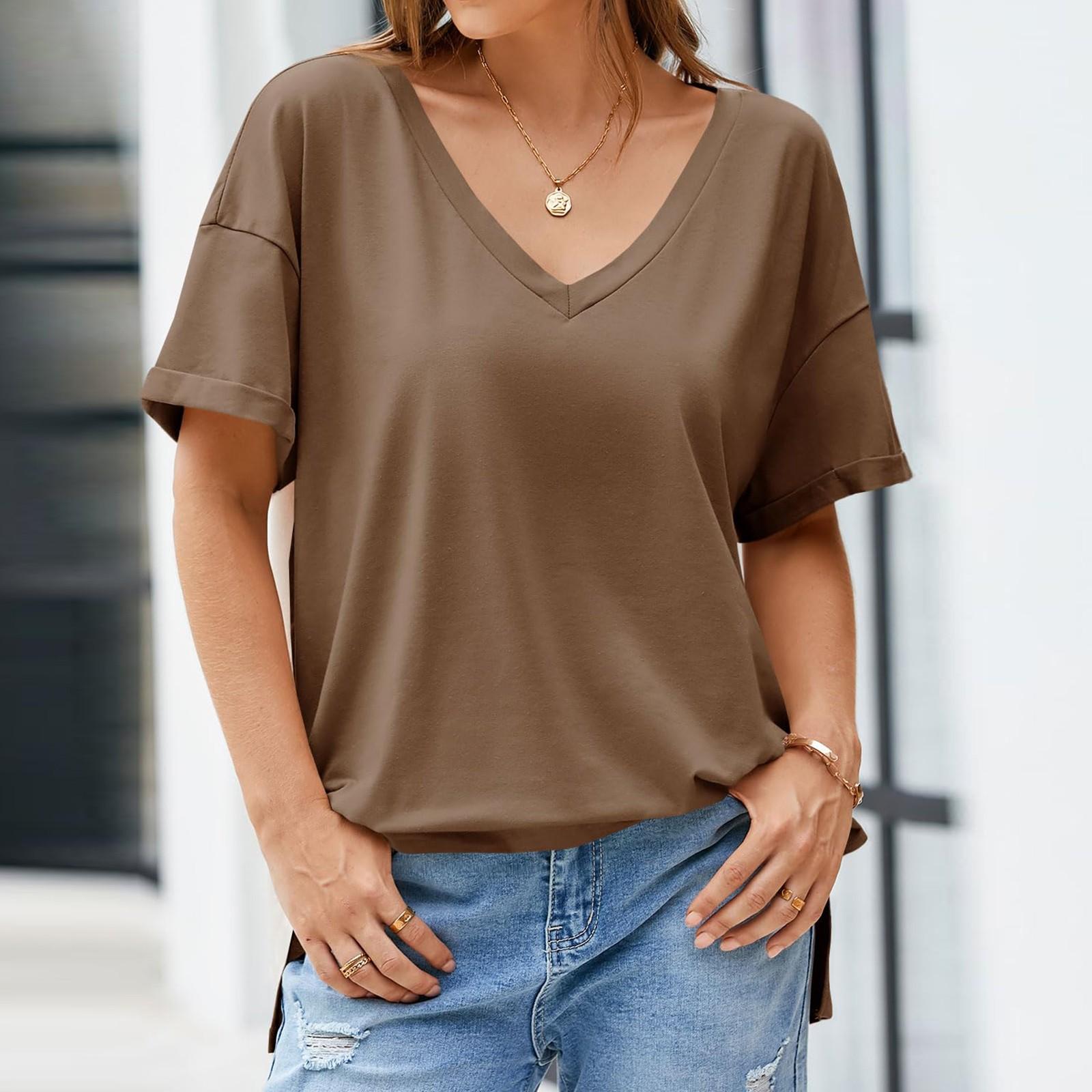 

Женская модная повседневная футболка с заниженной линией плеч, коротким рукавом и глубоким V-образным вырезом L светло-коричневого