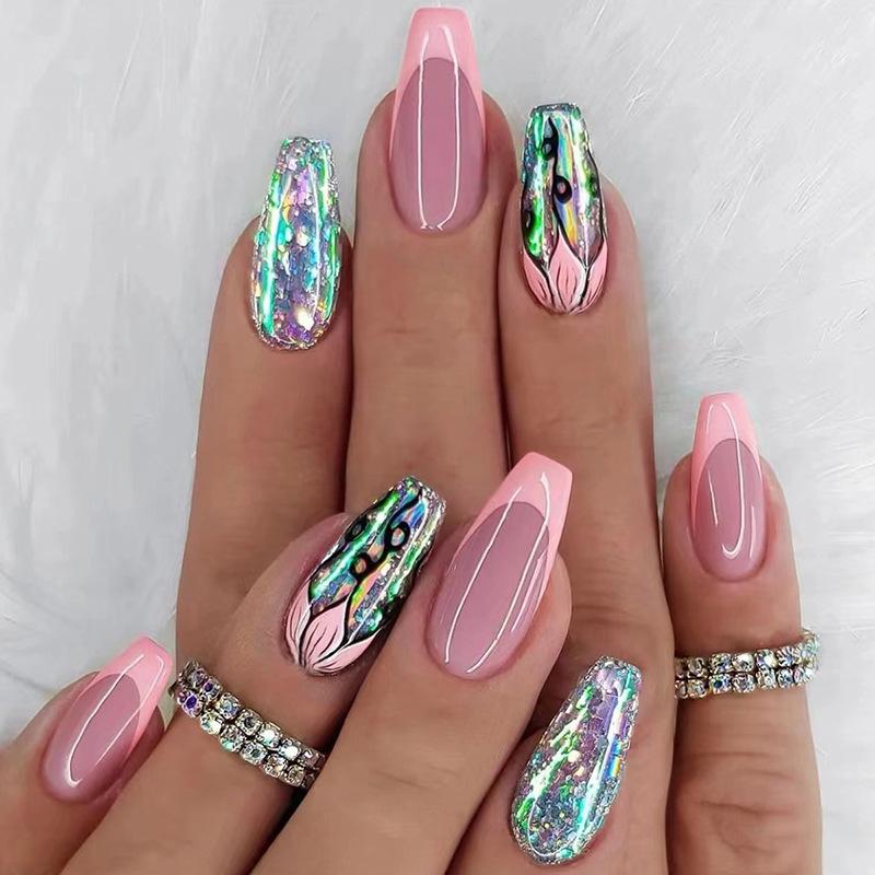

24Pcs Long Coffin Press On Nails, Nude Pink with Pink French Tips & Holographic Glitter Fake Nails United States