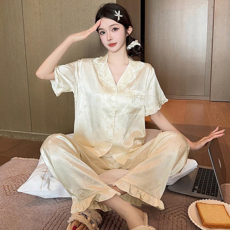 Light Luxury Lotus Leaf Edge Flower Pajamas Women'S Spring And Autumn Explosion Long Sleeves Summer Ice Silk Soft Loungewear Two-Piece Set