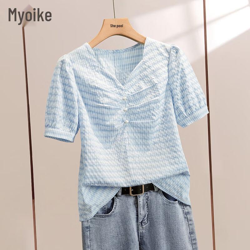 Women s Blue Plaid Short Sleeve Pullover Top L