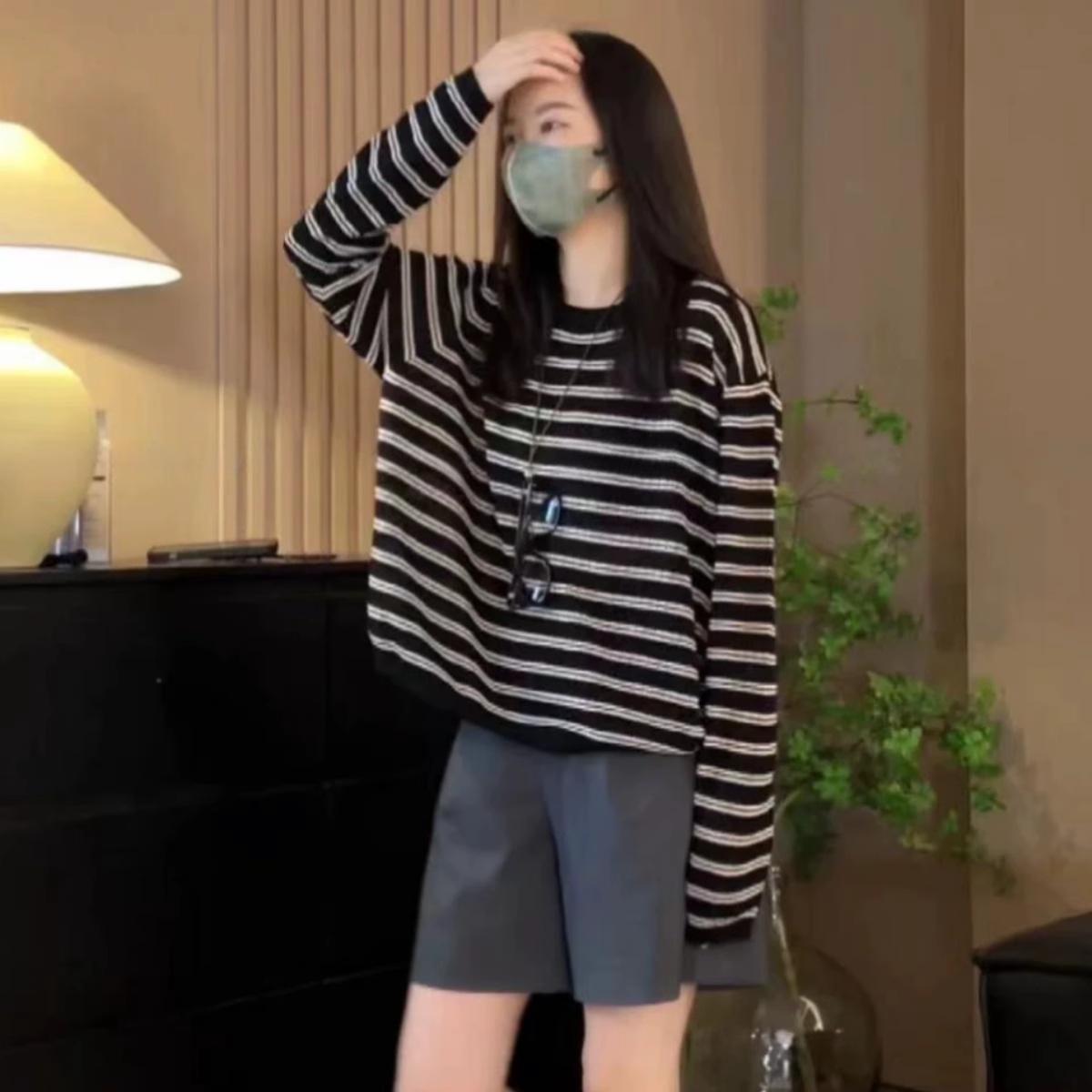 Женская футболка в европейском стиле в полоску с длинным рукавом - Трикотажная, свободного кроя, осенний модный топ Large