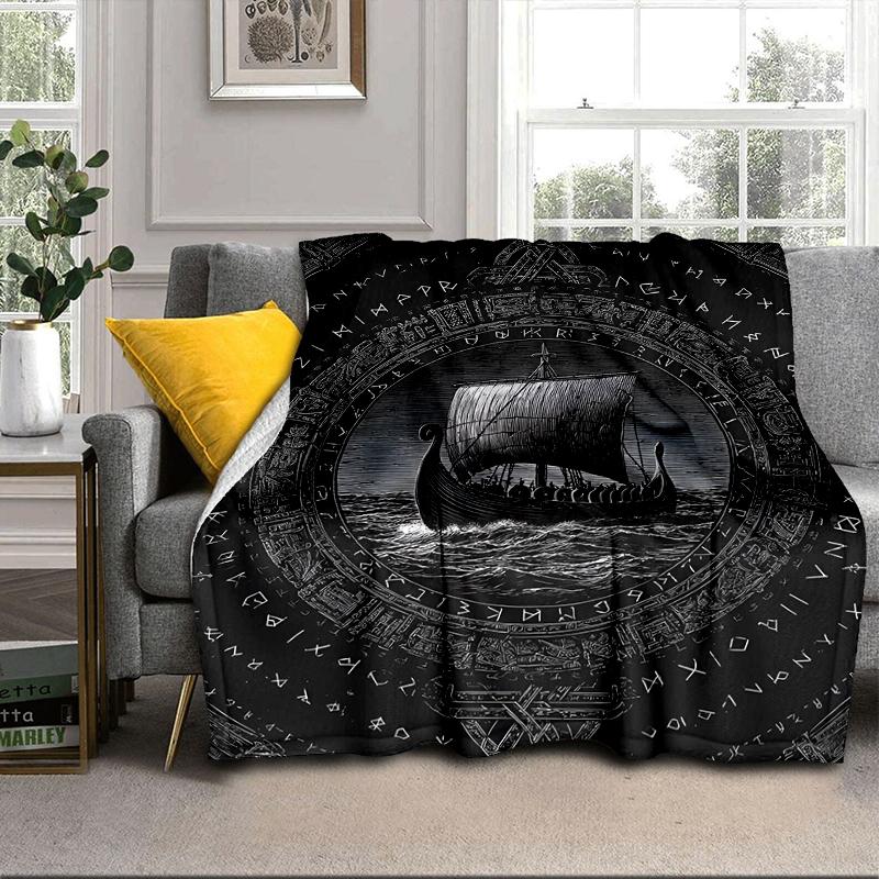 Viking Ship At Sea Blanket Flannel Blanket for Bed, Sofa, Camping, Hiking, Picnic Essentials, Gift for Family Fan Gifts