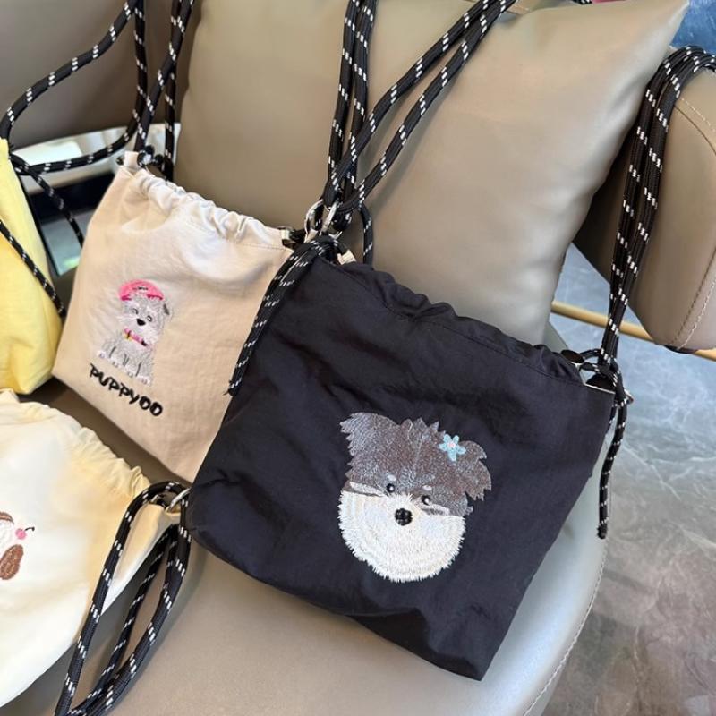 Cute Embroidery Women'S Drawstring Shoulder Bag Cartoon College Girls Book Tote Shopping Bags Large Capacity Female Handbags