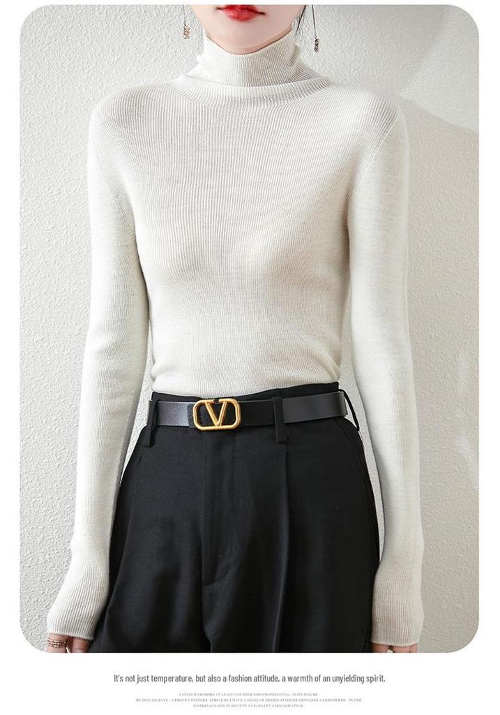 Women's Slim-Fit High-Neck Wool Sweater - Soft, Seamless Knit Base Layer for Autumn/Winter