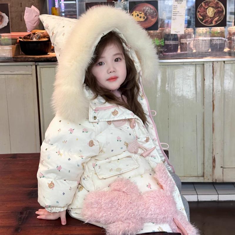 

2025 Baby Girl Hooded Down Jacket: Thick & Warm Fox Kids-Style Coat for Cold Protection 120 cm