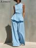New Women's Sleeveless Vest Wide Leg Pants Cotton Linen Two Piece Set Female Clothing