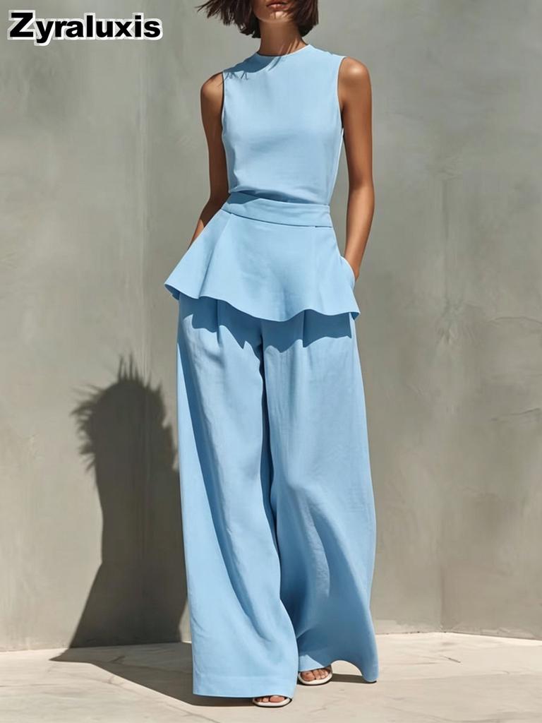 New Women's Sleeveless Vest Wide Leg Pants Cotton Linen Two Piece Set Female Clothing