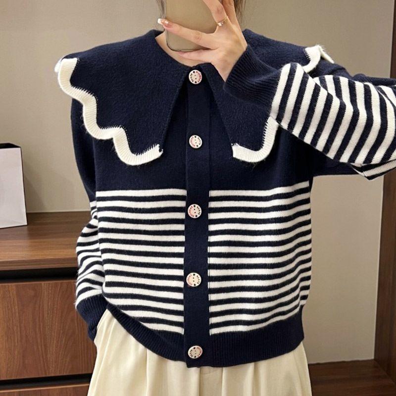 Sweet Doll Neck Striped Knitted Cardigan Five Colors for Warm and Fresh External Cute and Trendy Sweater Cardigan Female Tops