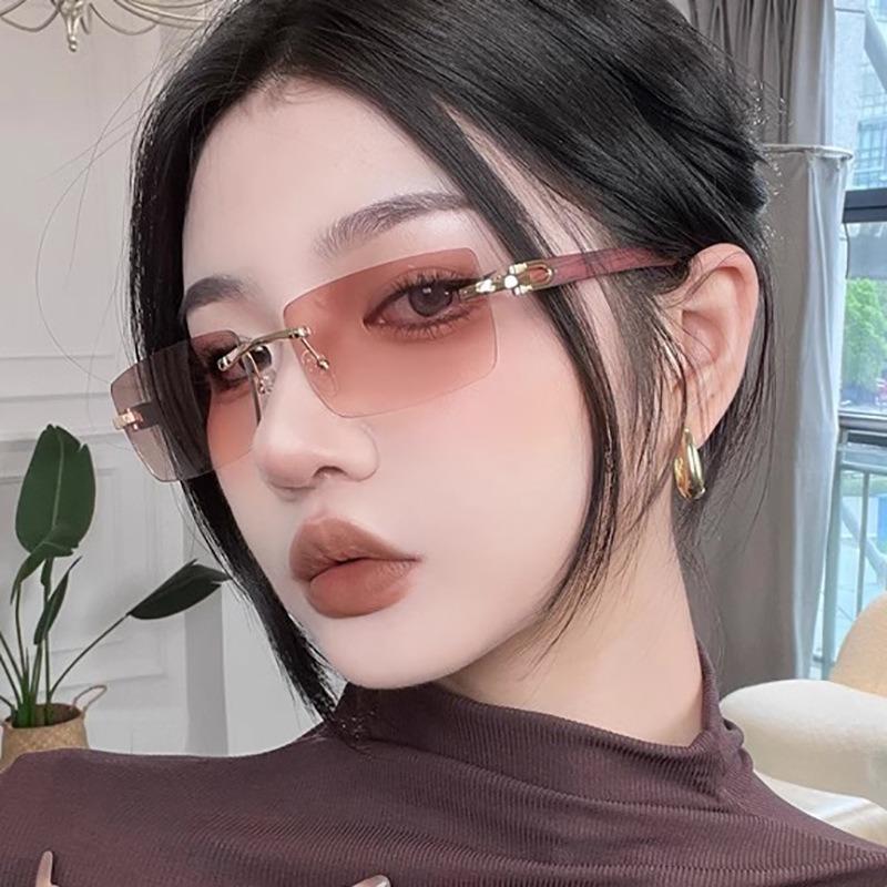 Rimless Rectangle Sunglasses For Women Fashion Vintage Trendy Small Frame Sun Glasses Frameless Eyewear Uv400