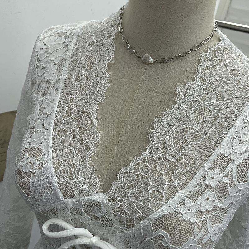 Women's Sexy V-neck Lace Shirt with Lace-up Bowknot and Hollow Long Sleeves