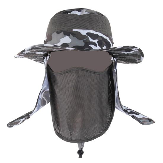 Sun Hat with Windproof Rope 360-Degree Sunshade System Curly Foldable Brim Outdoor Hat with Face Guard Shawl