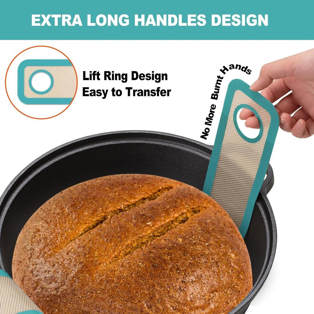 Silicone Bread Sling Dutch Oven - Best Japan Silicone Non-Stick & Easy Clean Reble Baking Mat With Extra Long Handles, Baking Sheet Liner 2 Pcs (Aqua