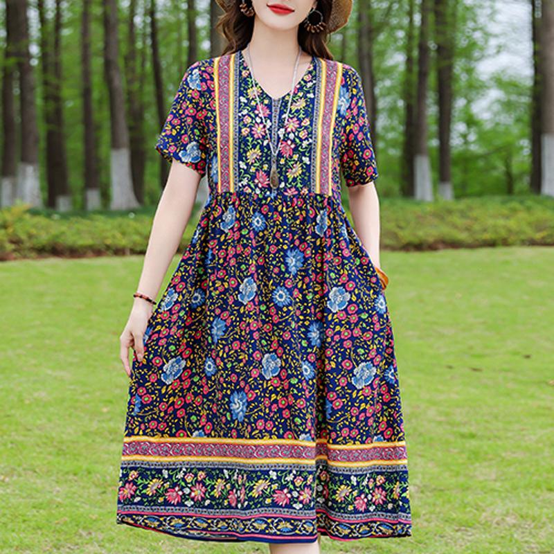 Elegant Women's Dress Summer Vintage Clothes Loose Short Sleeve Plus Size Casual Long Dresses