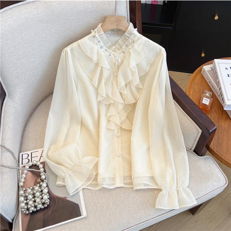 

Весна Осень женская рубашка с воротником-стойкой, с оборками, модная элегантная свободная блузка с длинным рукавом, женская повседневная простая однотонная одежда 3129 L абрикосовый