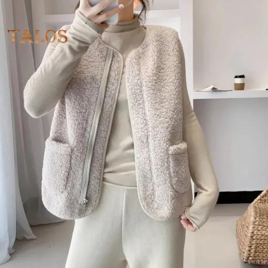 Women Fall Spring Vest Round Neck Thick Fleece Pockets Solid Color Sleeveless Zipper Closure Retro Warm Office Street Home Vacation Layering