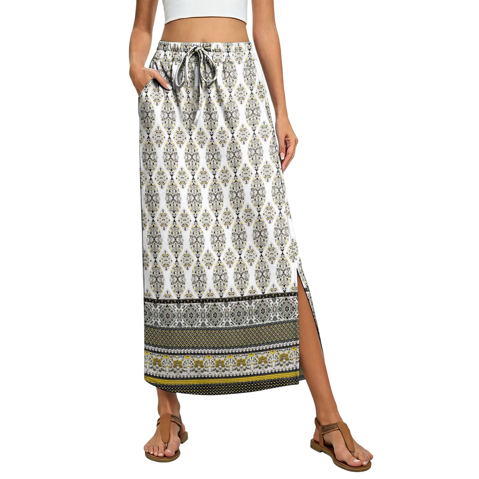 Ladies  floral elastic waist drawstring pocket skirt L