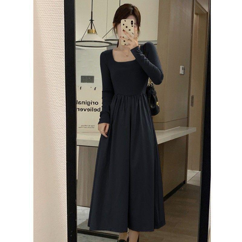 French Hepburn Style Long Sleeve Square Neck Dress for Women - Autumn High-End Inner Layer Long Skirt