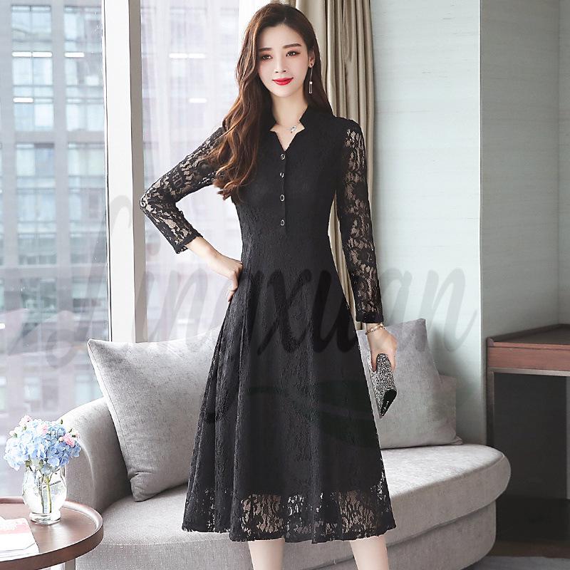 Autumn Lace Slim Fit Solid Color Long-Sleeve Plus Size Dress for Women