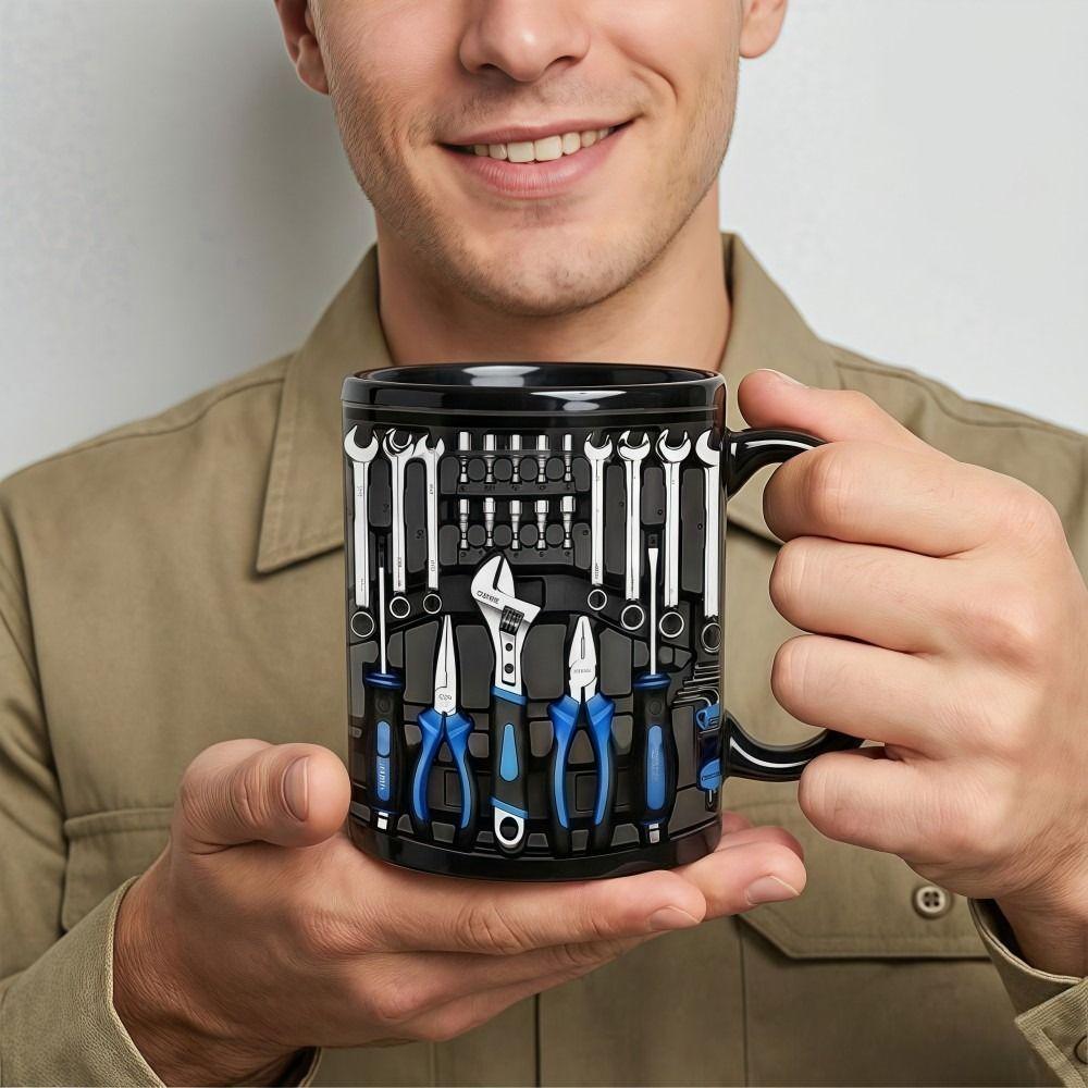 Tool Pattern Design Mechanic Coffee Mug Wrench Pattern Ceramic Flat Print Water Cup 325ML 11oz 2D Creative Tea Cup Gifts for man