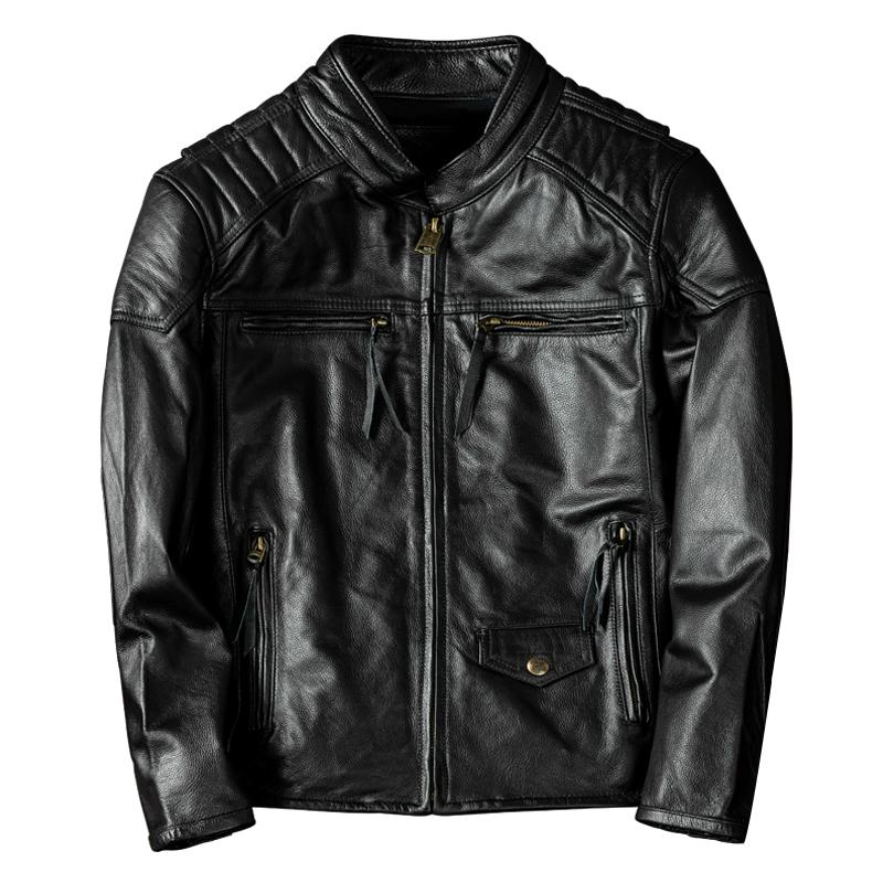 Genuine Leather Motorcycle Jacket Mens Biker Coat Real Cowhide Outerwear