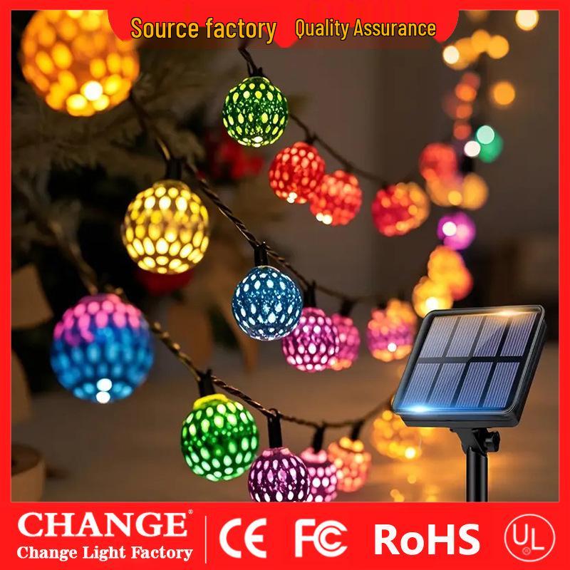 Moroccan Wrought Iron LED Solar String Lights Outdoor Metal Ball Decor