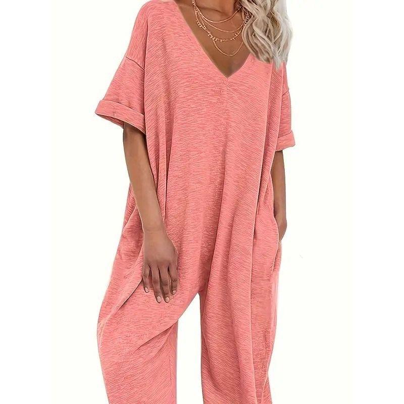 Solid Color V-neck Long Pants Jumpsuit Women Solid V-neck Trousers Jumpsuit