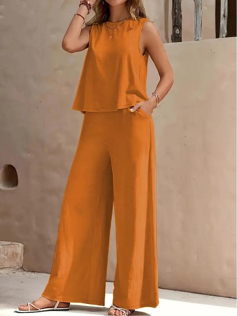 Elegant Solid Color Two-Piece Set: Crew Neck Tank Top & Wide-Leg Pants - Women's Clothing 2026