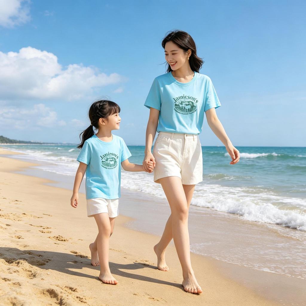 100% Baumwolle Lamm-Print Mutter-Tochter Partnerlook Kurzarm T-Shirt - Rundhals, Lässiges Oberteil