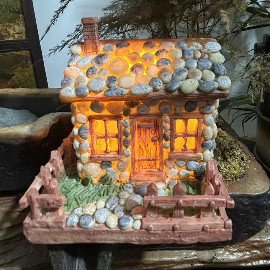 Miniature Resin Stone House Mini Rustic Pebble House with LED Light Fairy Garden Micro Landscape Decoration for Bonsai Moss Terrarium Crafts