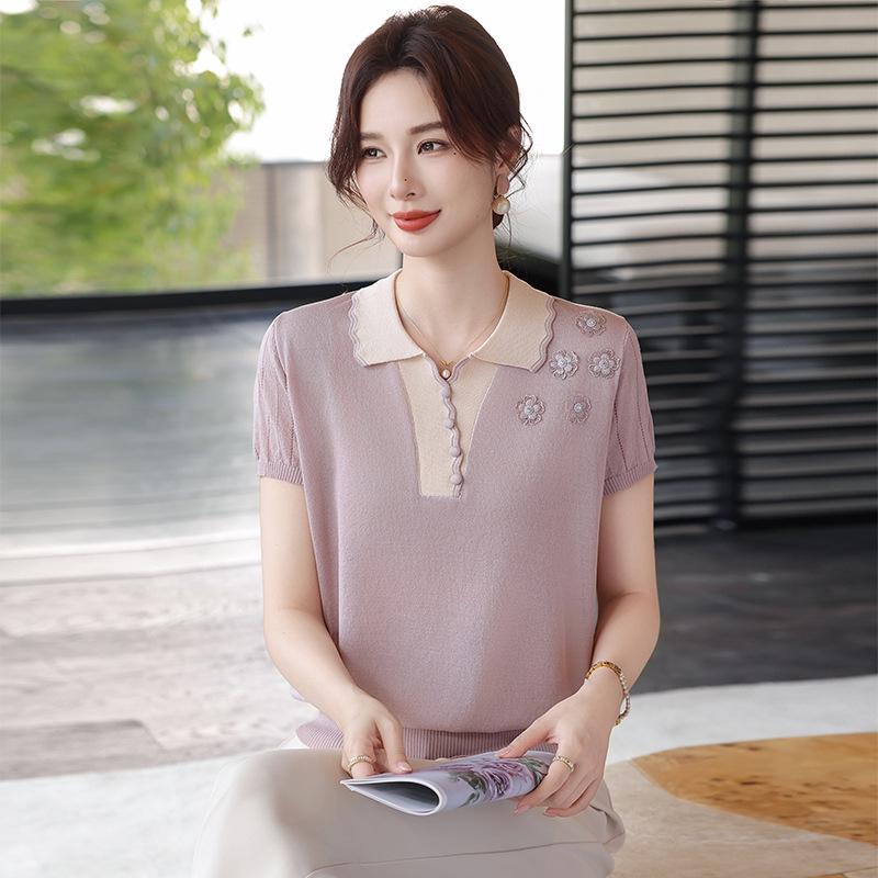 

Chic Summer Ice Silk Knit Top for Middle-Aged Women L (80-100 lbs) светло-фиолетовый