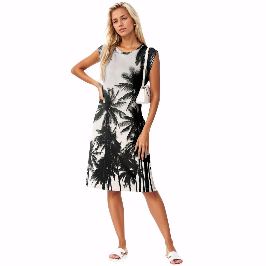 Summer Dresses For Women Round Neck Casual Loose Printing Split Wrinkle-Free Beach Dress With Pockets