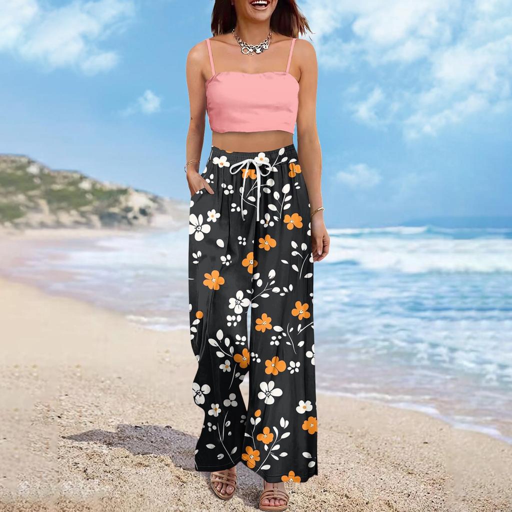 Women's Wide Leg Pants With Elastic Waistband Printing Large Pockets Patchwork Edge, Loose Pants