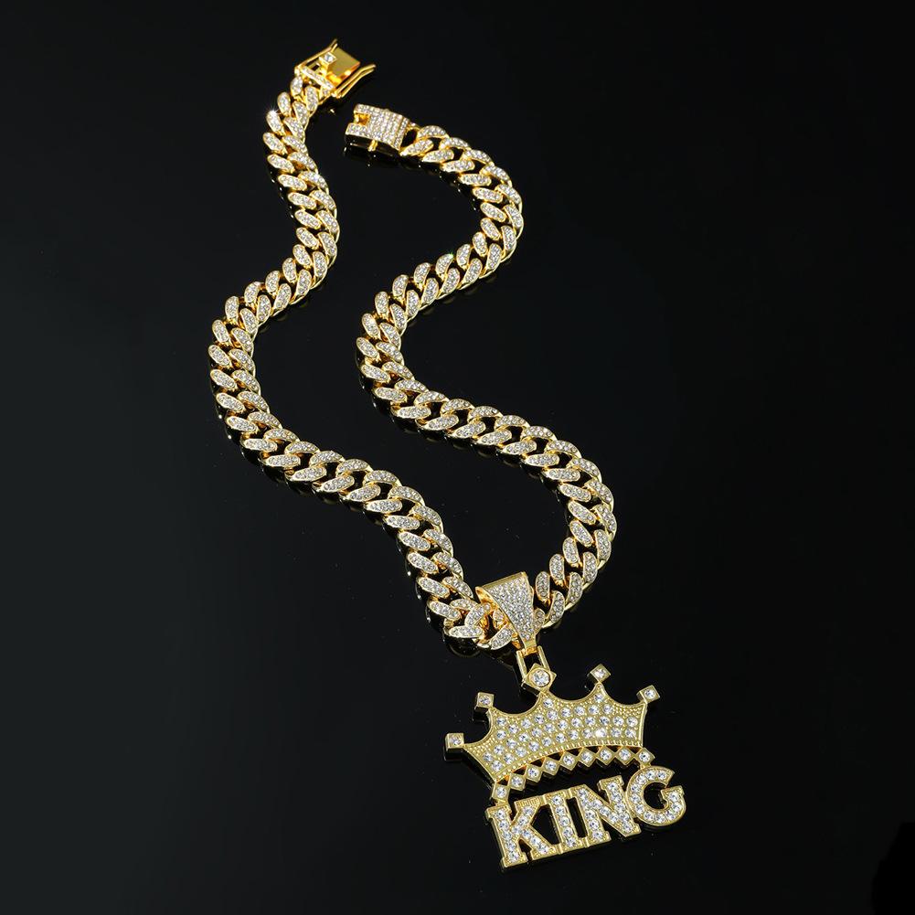 Biżuteria Łańcuch Kubański KING Litera Korona, Męski Streetowy Cool Diamentowy Wisiorek Europejski i Amerykański Naszyjnik Hip Hopowy