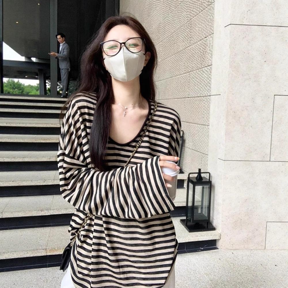 Women's Crew Neck Long Sleeve Top Oversized Elegant Striped T-shirt Thin Sun Protection Casual Loose Summer Layering Cover Up Shirt