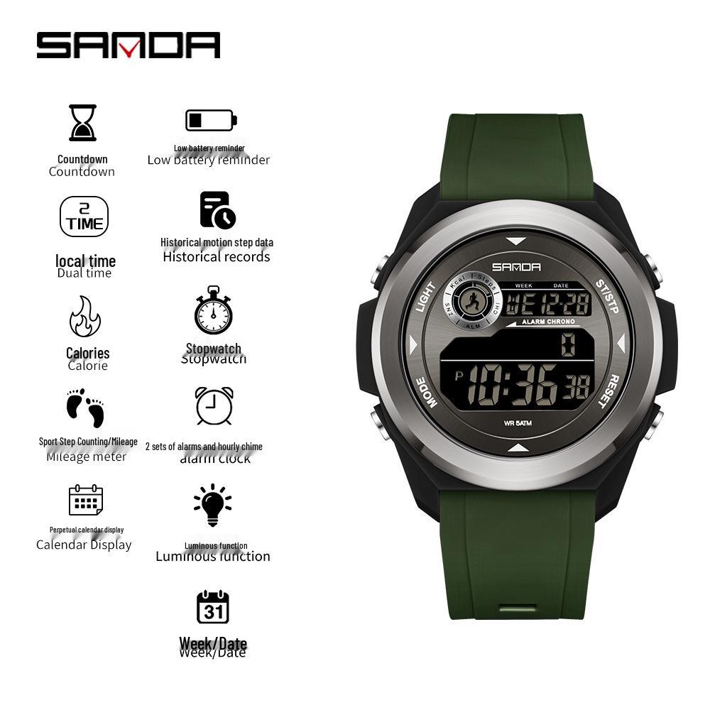 SANDA Unisex Sports Watch: Perpetual Calendar, Alarm, Dual Time Zones, Pedometer.