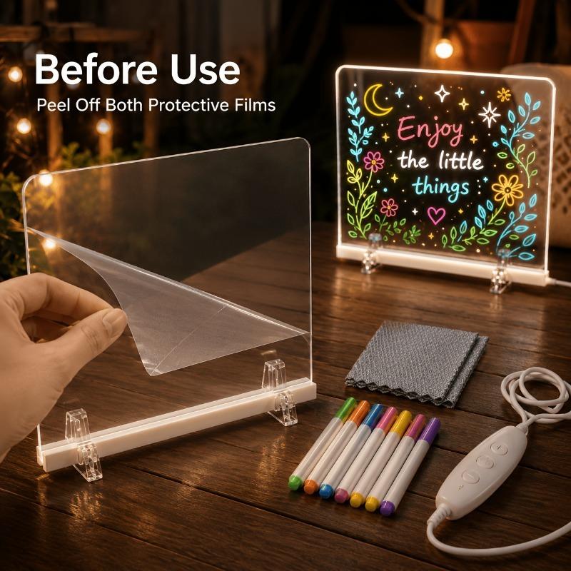 DIY Rewritable Glowing Acrylic Message Board Lamp, Light Up Drawing Board for Kids, Comes with 7 Vibrant Color Marker Pens