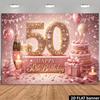 2D Plane 50th Birthday Party Backdrop Fabric Golden Glittering Diamonds Numerals 50 Theme Champagne Bottle and Striped Party