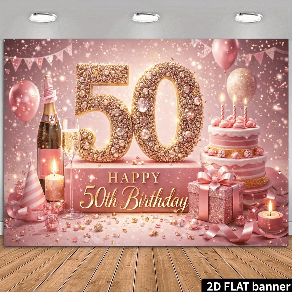 2D Plane 50th Birthday Party Backdrop Fabric Golden Glittering Diamonds Numerals 50 Theme Champagne Bottle and Striped Party