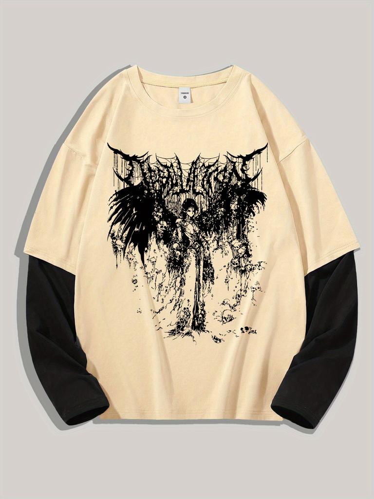 Męska koszulka Y2k Goth z grafiką, oversize, z długim rękawem, z okrągłym dekoltem, streetwear, wiosenna