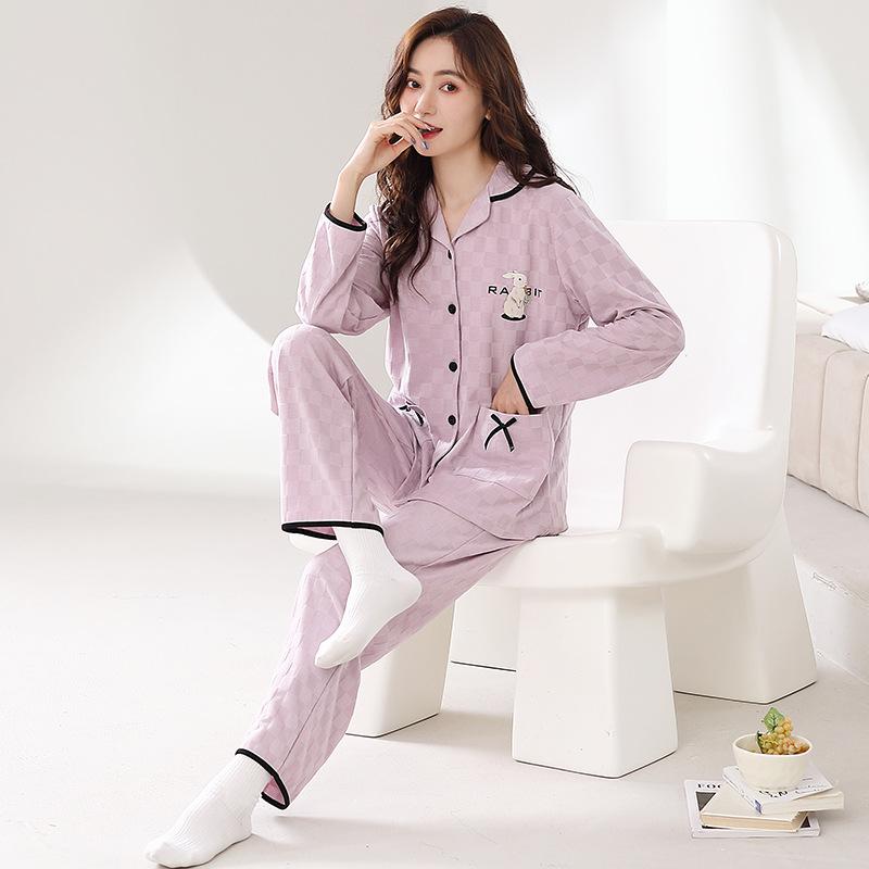 Pajamas Women'S Pure Cotton Long-Sleeved Sweet Casual Cardigan Can Be Worn Outside Loungewear Large Size Two-Piece Set