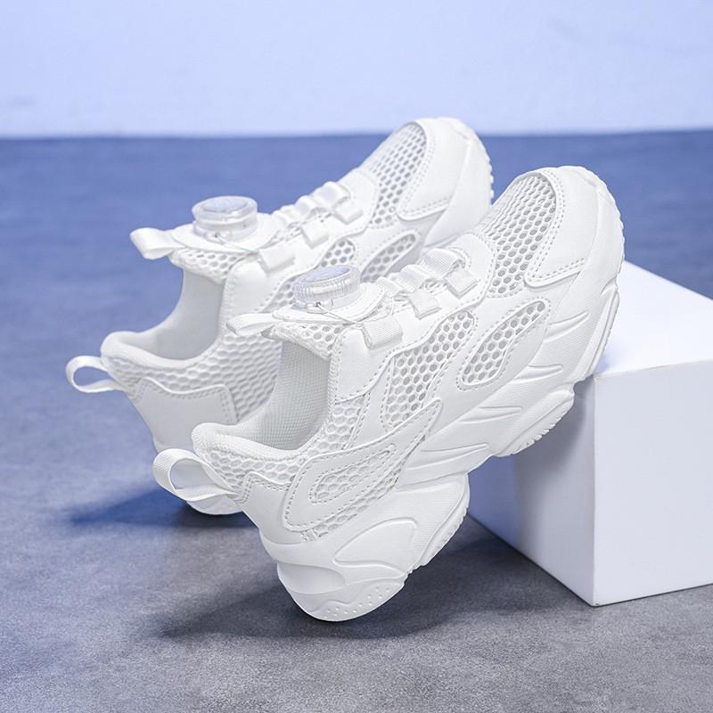 Kids White Mesh Running Shoes With Rotating Buckle Breathable Lightweight Sneakers Boys Girls Daily Wear