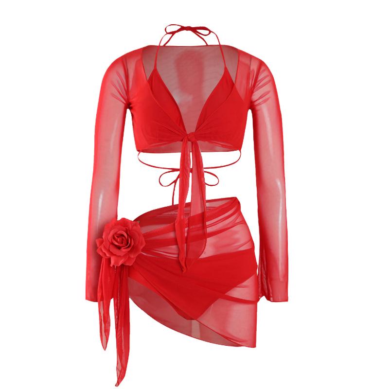 Mosricci Pure Desire: Red & White Sexy Bikini Four-Piece Set with Long Sleeves – Perfect Vacation Swimwear