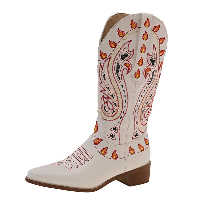 Fashion Women Thick Heels Western Boots Women Autumn Chunky Heels Knee High Cowboy Boots Woman Pointed Toe Chunky Heeled Long Botas