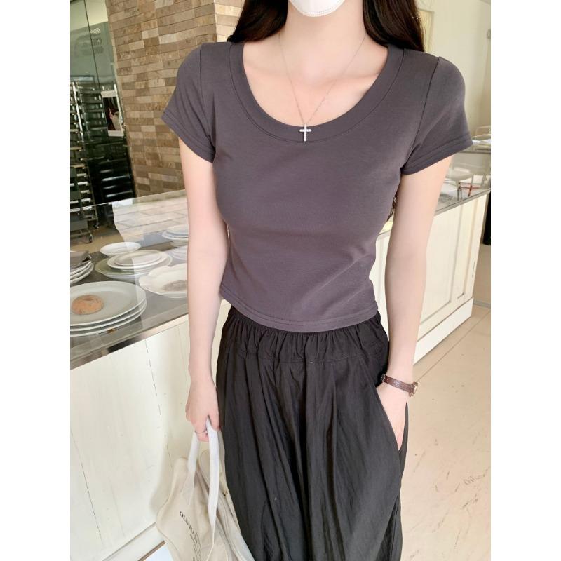 Camiseta de algodón puro de color liso con cuello en U y hombros descubiertos para mujer, nueva camiseta de verano, corta y ajustada.