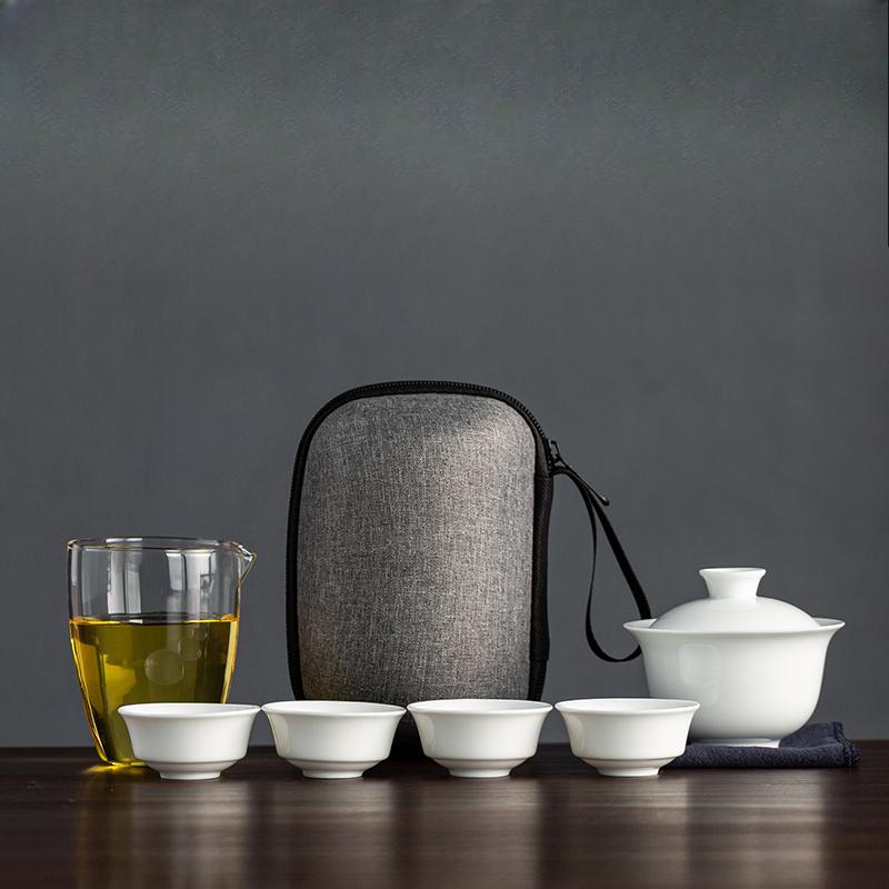 Dehua White Porcelain Travel Tea Set Outdoor Travel Portable Glass Quick Cup Cover Bowl Small Three Cups