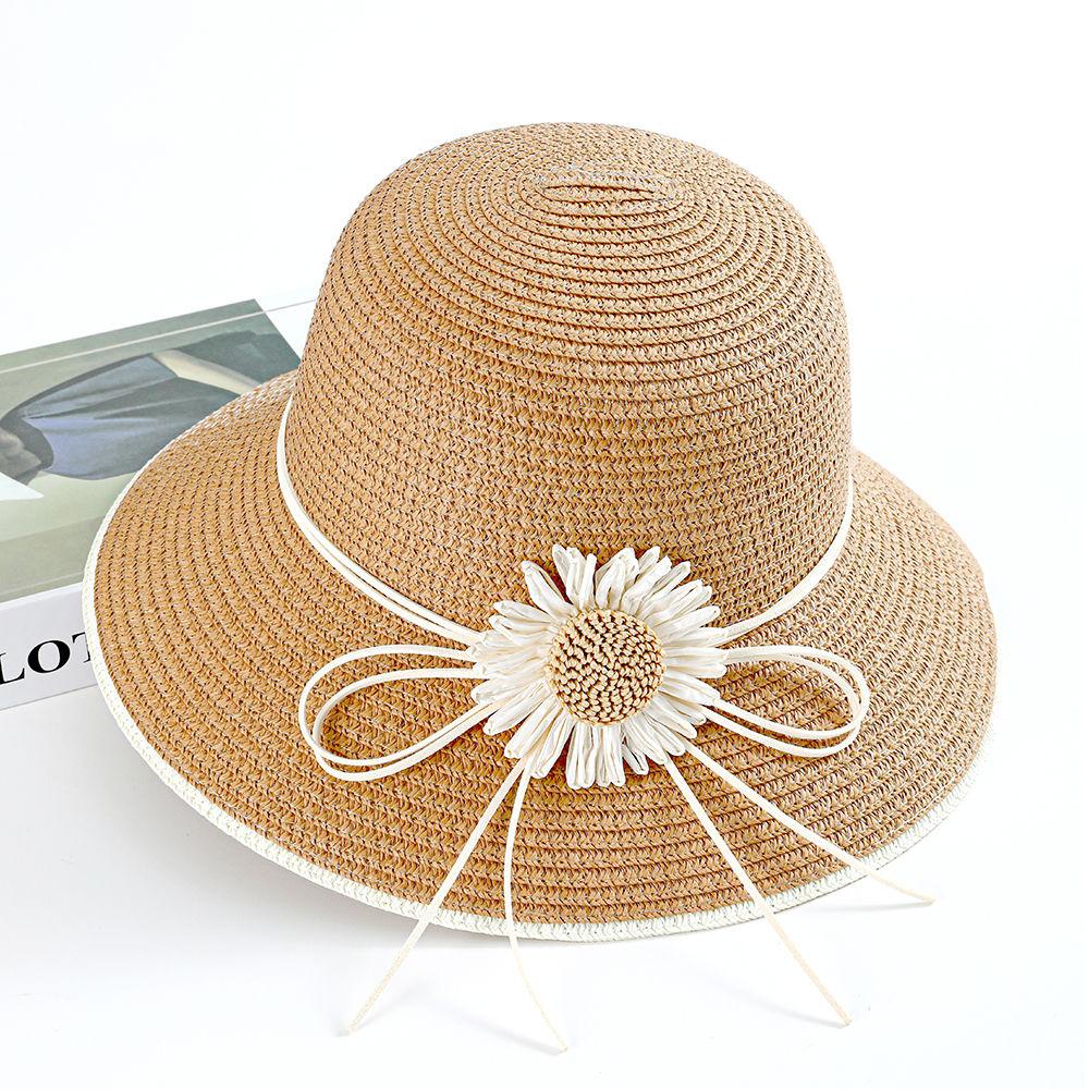 

Летняя женская шляпа от солнца, соломенная шляпа с широкими полями, украшенная цветами, пляжная шляпа с защитой от ультрафиолета для использования на открытом воздухе ONE SIZE