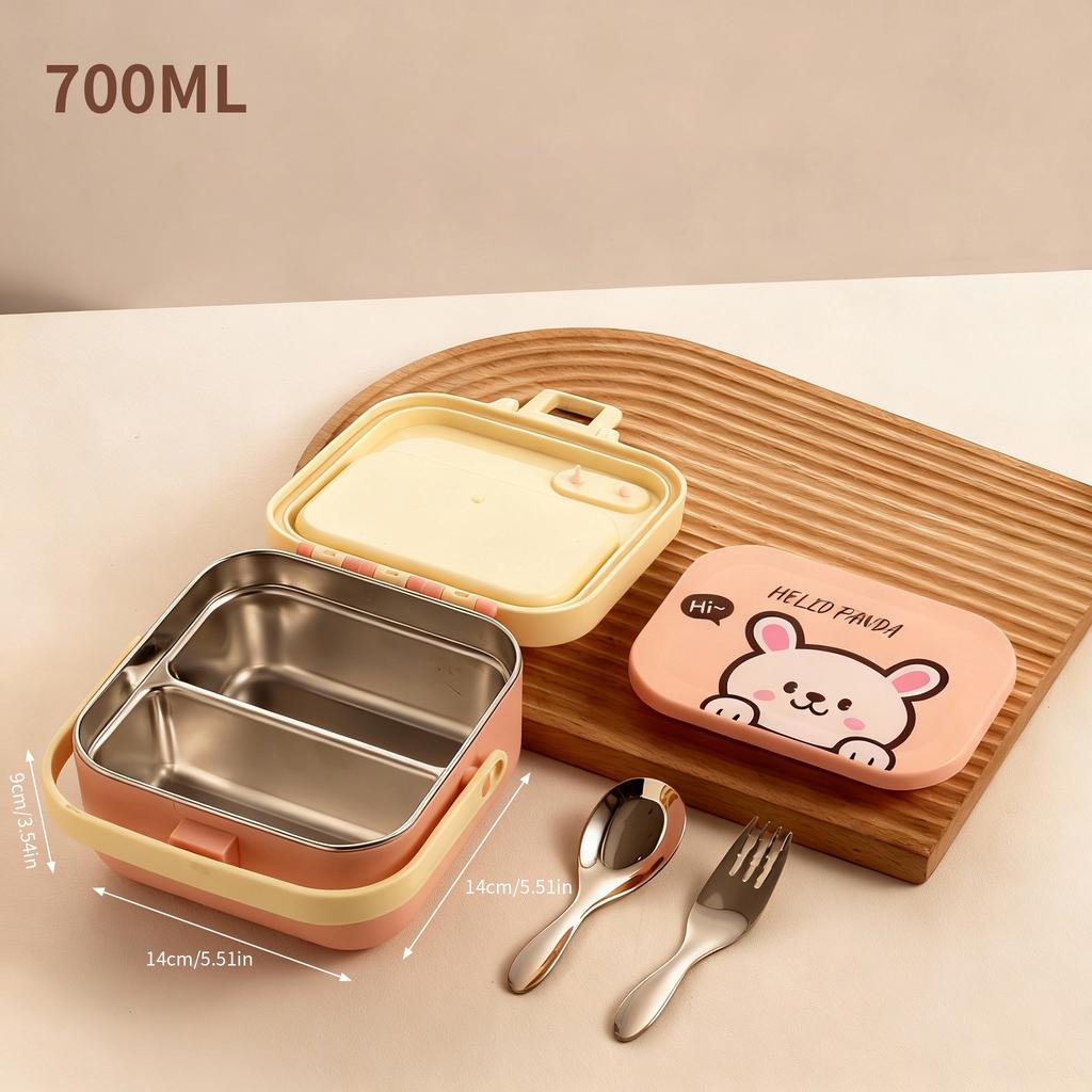304 Stainless Steel Handheld Lunch Container Leak-proof Cartoon Square Children's Bento Lunch Box With Fork Spoon Microwave Safe