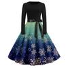 Christmas Print Flare Dress For Women Long Sleeve Dress Hollow Party Casual Dresses