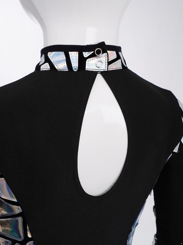 Sparkling Metallic Sequin Jumpsuit for Girls: Mock Neck Long Sleeve Keyhole Back Bodysuit for Gymnastics & Dance Shows